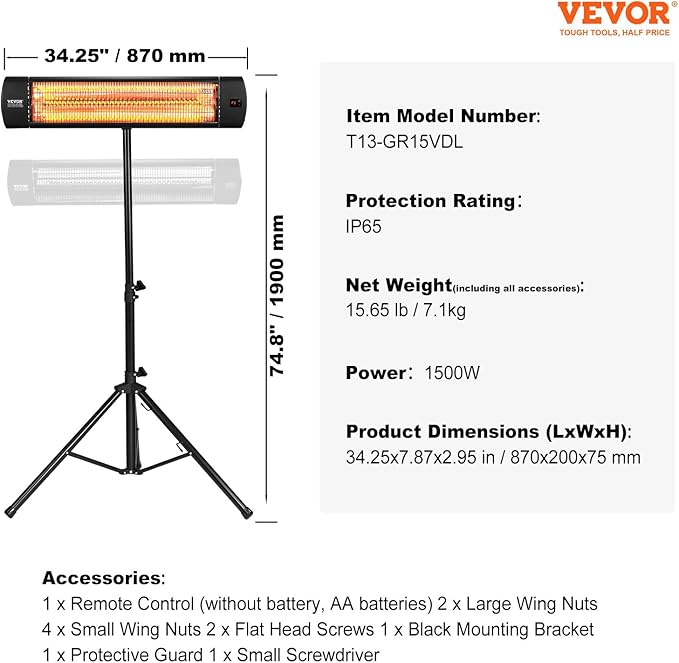 VEVOR Infrared Heater, 1500W Remote Control Electric Space Heater, LED Screen Patio Heater w/ 3 Speeds & Timer, Outdoor/Outdoor for Porch,Dining Room,Studio, with Stand & Mount to Ceiling/Wall,34in L