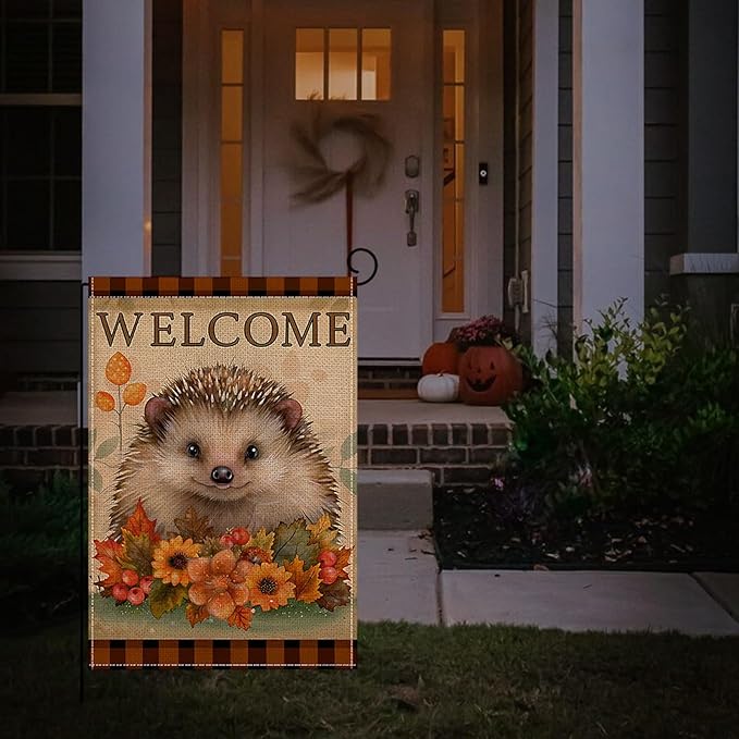 Fall Garden Flag 12 x 18 Inch Double Sided Cute Hedgehog Maple Leaves Sunflower Designs Autumn Burlap Yard Flag for Outside Rustic Yard Outdoor Holiday Home Decoration