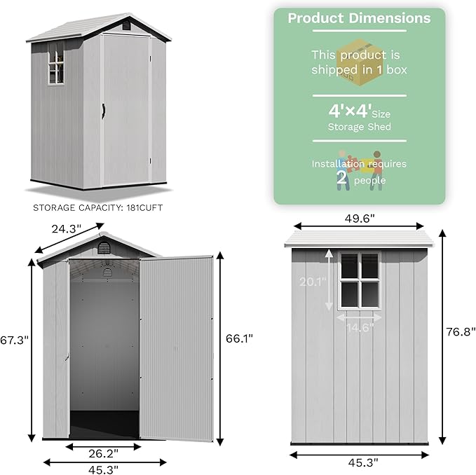 Greesum 4×4FT Plastic Outdoor Storage Shed with Floor, Resin Storaged Sheds with Lockable Door, Window & Vent, All-Weather Tool Sheds for Garden, Backyard, Patio, Light Gray (One-Piece Panel)