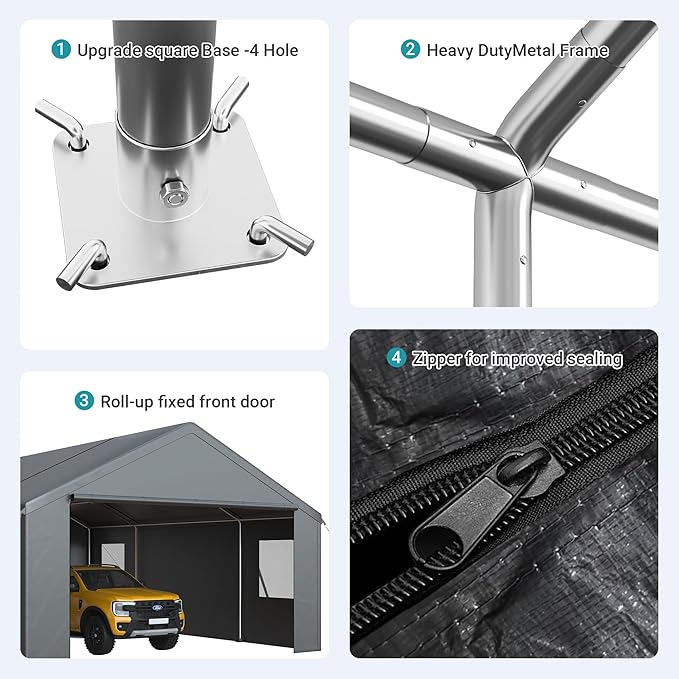 Carport, Heavy Duty Car Port 20x20 FT, Large Car Canopy with Roll-Up Windows & Side-Opening Door, Outdoor Portable Garage Reinforced Four-Hole Base for Car, Truck, Boat, Motorcycle