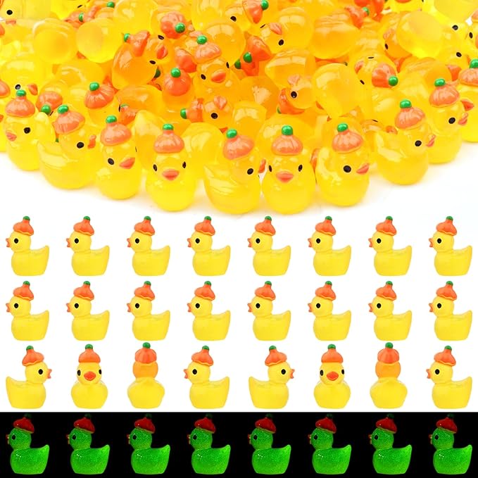 100Pcs Fall Mini Resin Duck Luminous Resin Duck Glow in The Dark Fall Mini Duck Halloween Tiny Animals Miniature Figurine for Fall Party Home Ornament Halloween Favor Miniature Landscape
