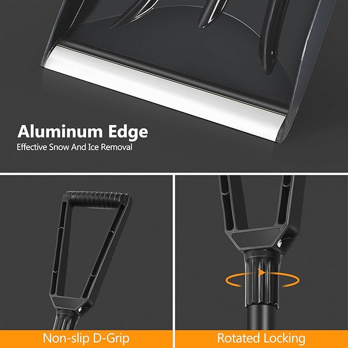 SHANTRA Folding Snow Shovel with Aluminum Edge, D-Grip Portable Shovel for Snow Removal, Lightweight Emergency Snow Shovel, Multifunctional Collapsible Shovel, Shovel For Car Driveway, Garden, Camping