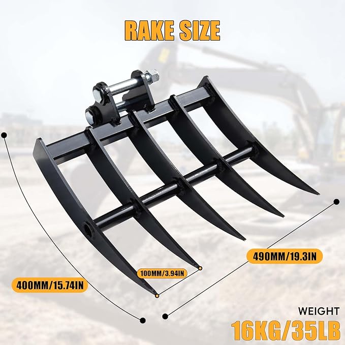 MMS Mini Excavator Rake Attachments, Wide Backhoe Rake Excavator Accessories, Suitable for 0.8-1.8 Tons Small Excavators Attachment, Use for Land Clearing, Debris Removing, Soil Spreading