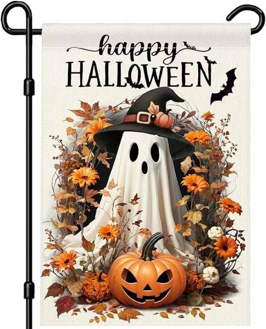 Happy Halloween Garden Flag 12x18 Double Sided Small Burlap Ghost Jack-o'-lantern Bat Yard Outdoor Decorative Flag