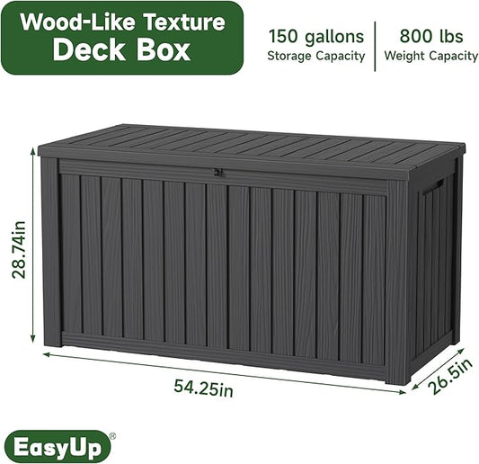 150 Gallon Outdoor Storage Box Waterproof, UV Resistant Resin Deck Box with Hydraulic Rod, Reinforced Stability for Patio, Garden, and Pool, Striped Black