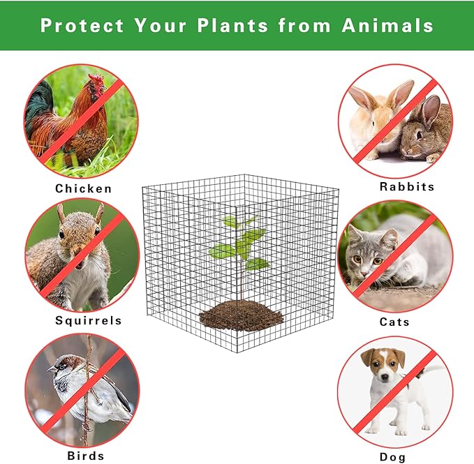 10 Pack Wire Plant Protectors Square Wire Plant Cages Mesh Plant Cage Chicken Wire Cloche with 40 Ground Stakes and 200 Nylon Ties Protect Plants, Garden,Shrubs and Vegetables from Animals, 12x12 inch