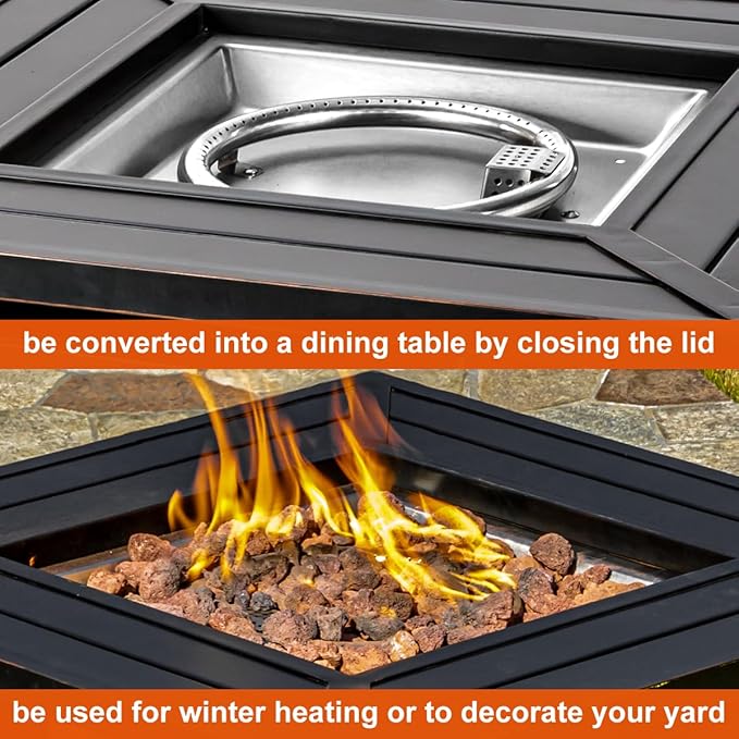 28 inch Propane Fire Pit Table,Gas Fire Pits Table for Outside,50000 BTU Propane Firepit with Lid &Lava Rocks,Gas Firepit for Garden,Yard (Black)