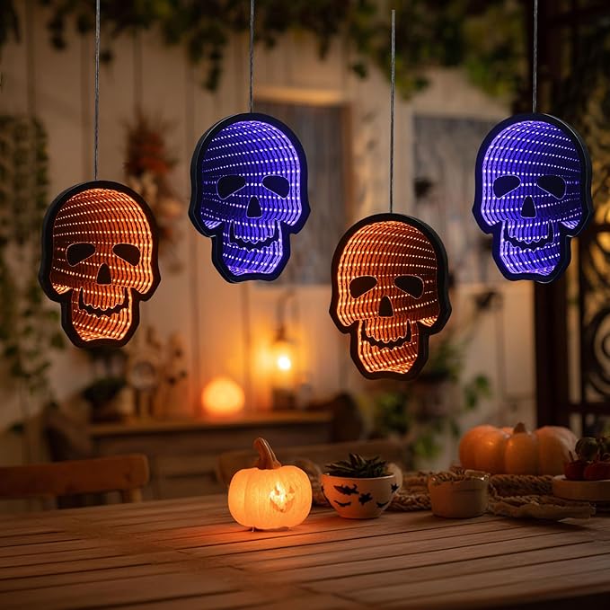 Halloween Décor 4 Skulls Infinity Lights with USB Powered, 10.42FT 3D Infinity Mirror String Skeleton Head Lights, Halloween Indoor Decorations for Window Outdoor Wall Party Room