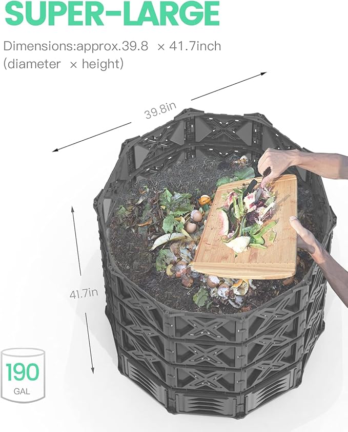Large Compost Bin - 190 Gallon (720 L) Garden Composter with Better Aeration System, Easy Assembling/BPA Free/Sturdy/Outdoor Compost Tumbler