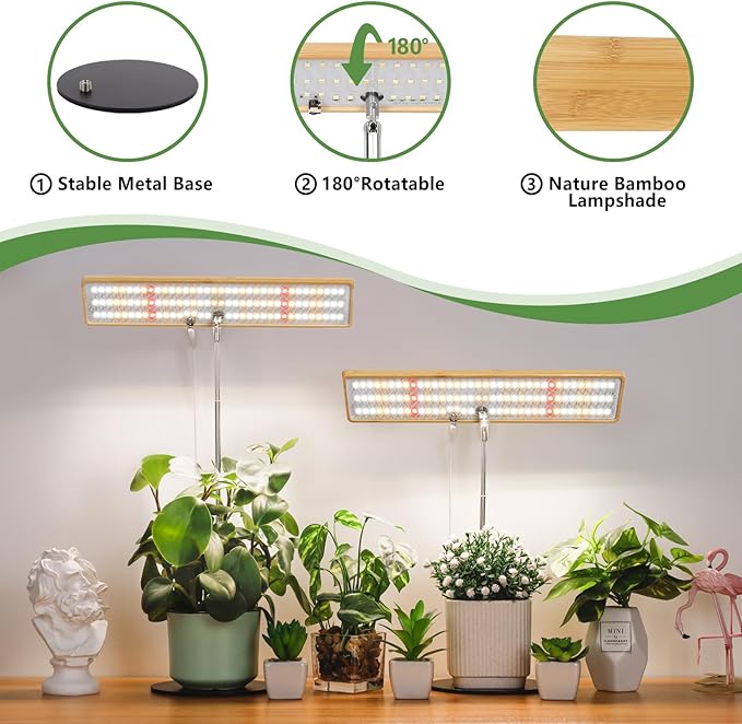 LORDEM Grow Lights for Indoor Plants Full Spectrum, Bamboo Plant Lights for Indoor Growing, Table Top Grow Light with Auto On/Off Timer 4H/8H/12H & 4 Dimmable Brightness & Height Adjustment, 2 Pack