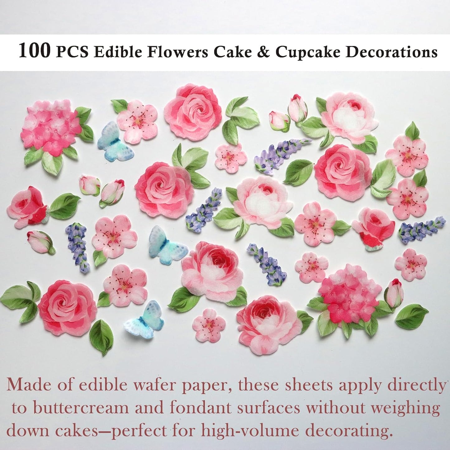 100 Pcs Edible Flowers Cupcake Toppers Cake Decorations Wafer Paper Pink Rose & Cherry Blossom & Butterfly for Wedding Cakes Birthday Parties
