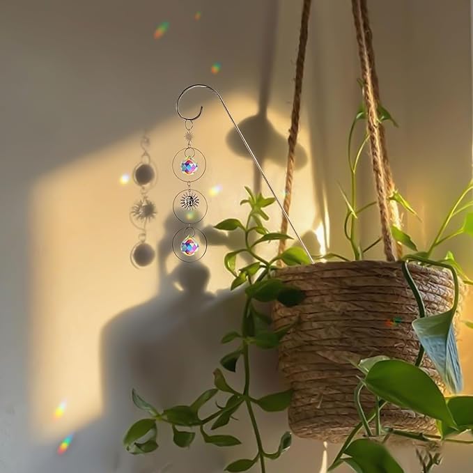 HDCRYSTALGIFTS 4 Pack Crystal Sun Catchers with Small Trellis for Potted Plants Indoor Plant Stake Suncatcher Decoration for Home Window Garden, Sliver