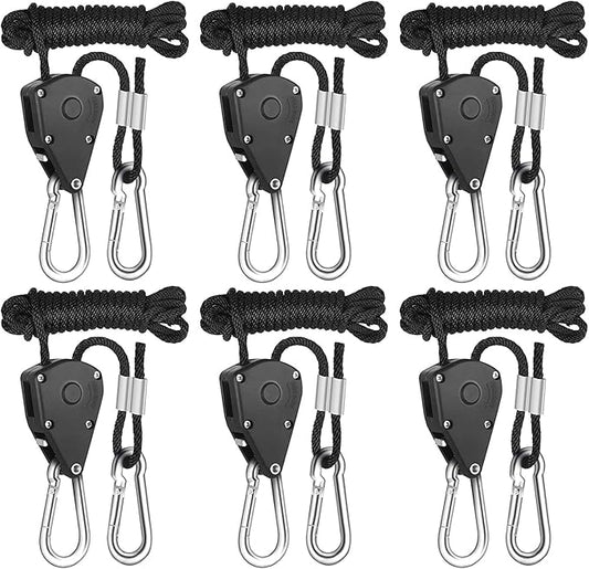 Rope Clip Hanger, 6 Packs 1/8 in Reinforced Adjustable Height Anti-Loose Design Gears Clip for Growing Light Fixtures, Hanging Plants, 8 FT Length 150lbs Weight Capacity