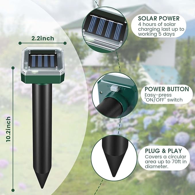 Mole Repellent Solar Powered 8 Pack Ultrasonic Repeller Gopher Vole Groundhog Snake Chipmunk Mole Deterrent Waterproof Sonic Spikes Get Rid of Moles in Your Yard
