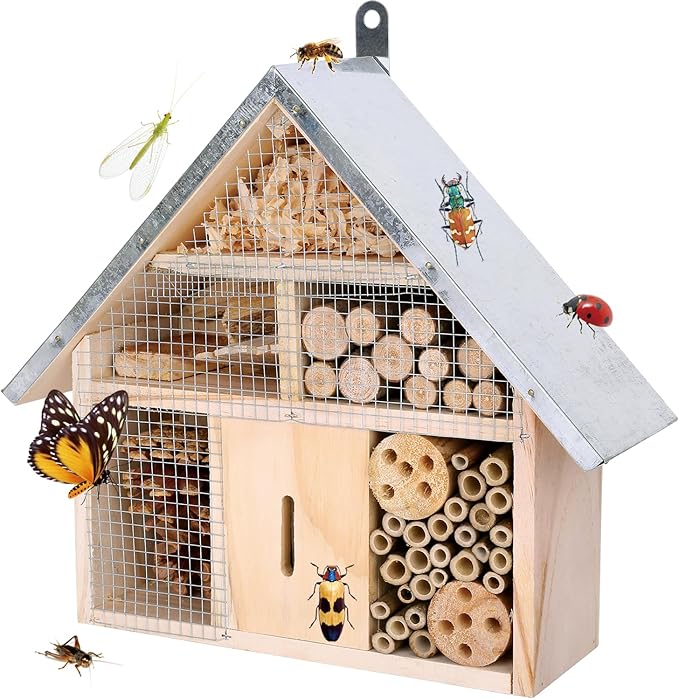 antiai Wooden Mason Insect Bee Butterfly House,Insect Hotel,an Outdoor Hanging Bamboo Habitat for Ladybugs Live,Bee Box,Butterfly Habitat for Garden,12.4 x 12 x 3.9 Inch