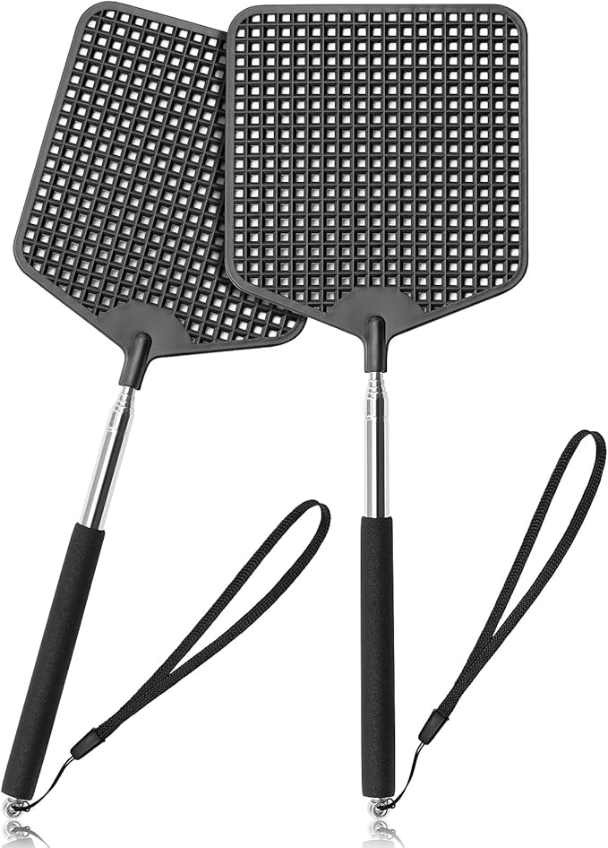Telescopic Fly Swatters 2 Pack, Premium Plastic Flyswatter, Fly Swatter Heavy Duty for Indoor, Outdoor, Classroom, Stainless Steel Handle（Black）