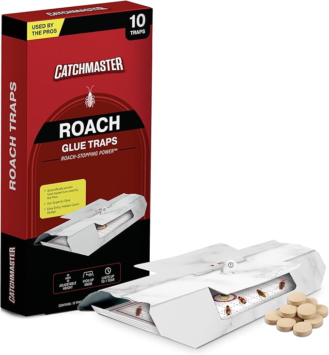 Catchmaster Cockroach Killer Trap with Non-Toxic Roach Bait Used by Pest Professionals (10-Pk) - Sticky Glue Roach Traps for House – Kitchen, Bathroom & Garage, Indoor Pest Control and Bug Catcher