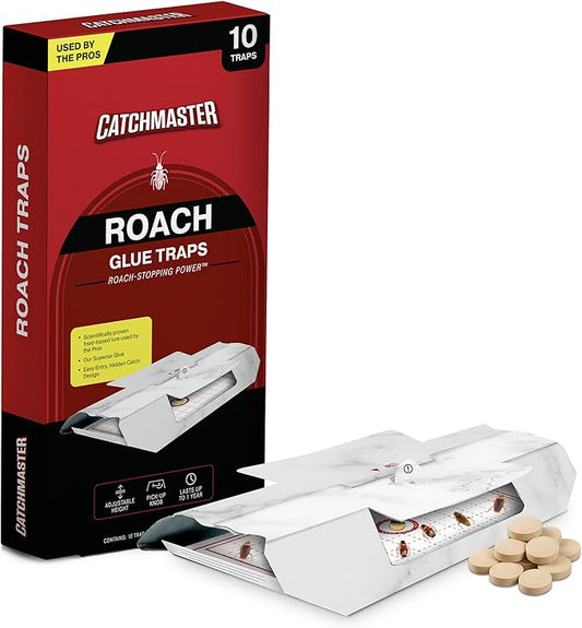 Catchmaster Cockroach Killer Trap with Non-Toxic Roach Bait Used by Pest Professionals (10-Pk) - Sticky Glue Roach Traps for House – Kitchen, Bathroom & Garage, Indoor Pest Control and Bug Catcher