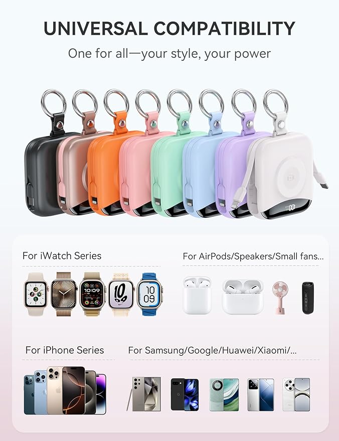Portable Charger, 10000mAh 22.5W Fast Charging Power Bank with Built-in Cables, Travel Essential Battery Pack with LED Display, Keychain Battery Phone Charger for iPhone, iWatch 10/9/8/7/6/SE/5/4 Pink