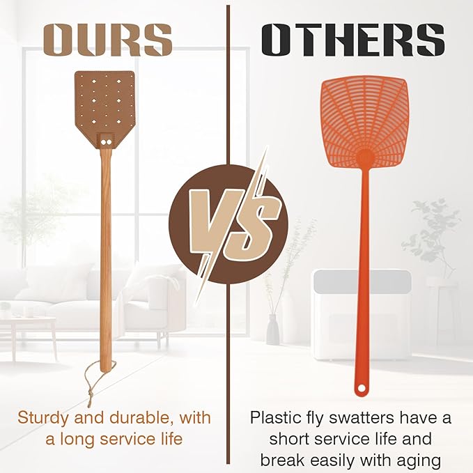 ZOCONE 3 Pack Leather Fly Swatters with Lanyard, Sturdy Fly Swatter Heavy Duty Wood Fly Swatter for Indoors and Outdoors