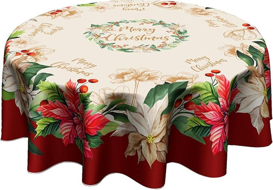Giwawa Blooming Poinsettia's Merry Christmas Fabric Tablecloth, Christmas Cottage Floral Bordered Print Easy Care, Stain Release Tablecloth, 60 Inch Round