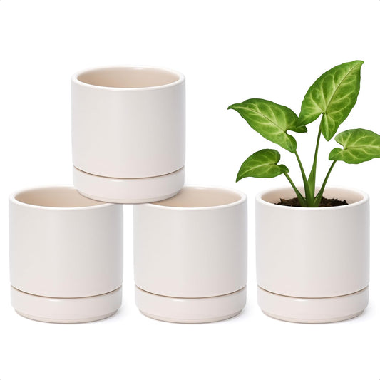 D'vine Dev Set of 4 Small Ceramic Plant Pots, 4.7 Inch Succulent Planter Pot for Plants with Drainage Hole and Saucer, Oatmeal, 94-X-B-8