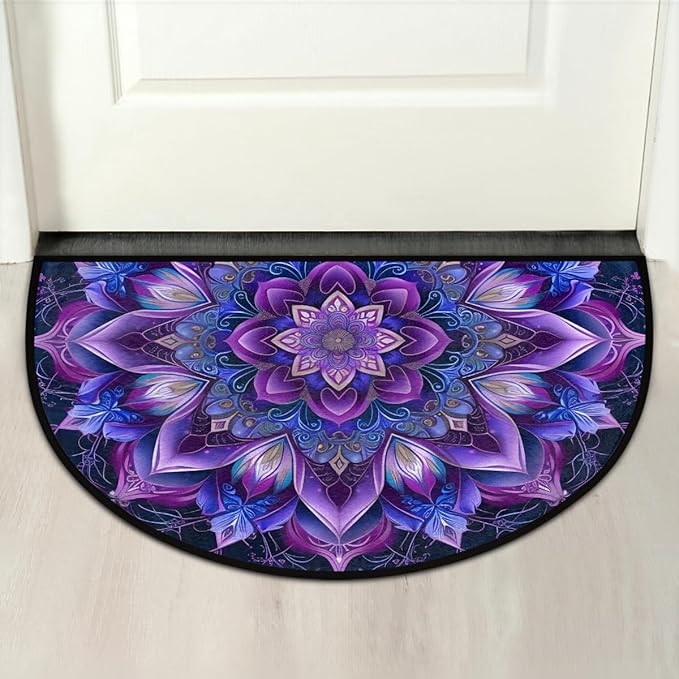 cfpolar Beautiful Mandala Blue Flowers Half Round Semicircle Mat, Non Slip Soft Area Rug for Front Door Indoor Entrance Wear Resistant Welcome Mat for Garage Patio Home Decor 24 x 36 in