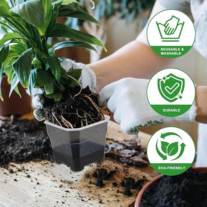 Aobiono 10 Packs 4 Inch Clear Nursery Pots with Reinforced Silicone Base for Easy Transplant, Reusable Seed Starter Seedling Small Plant Flower Pots with Drainage (Black, 10 Packs)