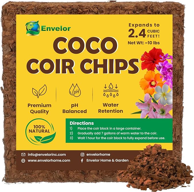 Coco Coir Husk Chips 1-Pack – 2.4 Cu. Ft. Compressed Coconut Coir Bricks, 10 lb. Natural Substrate for Indoor & Outdoor Use, Orchid Bark Alternative, Orchid Potting Mix, Indoor Plant Soil