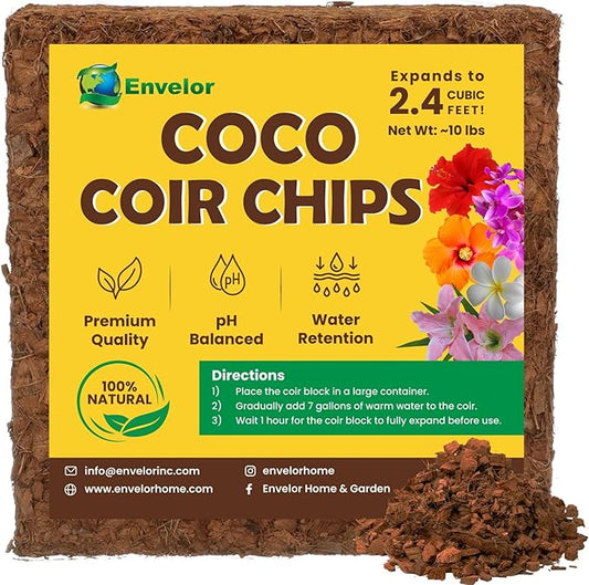 Coco Coir Husk Chips 1-Pack – 2.4 Cu. Ft. Compressed Coconut Coir Bricks, 10 lb. Natural Substrate for Indoor & Outdoor Use, Orchid Bark Alternative, Orchid Potting Mix, Indoor Plant Soil