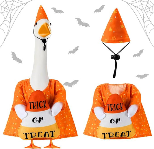 Sanwuta 1 Set Halloween Porch Goose Outfit Candy Corn Pillow Design with Hat for 23" Lawn Cement Goose Porch Geese Clothes Costume for Halloween Garden Patio Yard Outdoor Decorations