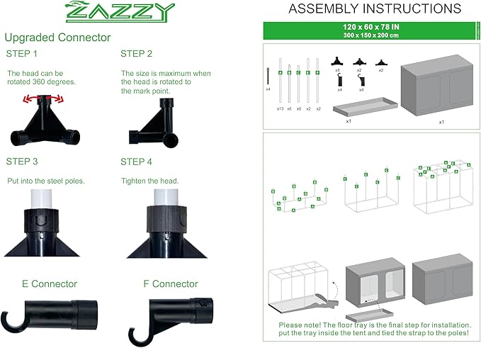 zazzy Grow Tent, 120"x60"x78" Hydroponic Mylar Grow Tent Reflective Garden Growing Dark Room with Observation Window, Removable Floor Tray and Tool Bag for Indoor Plant Growing 10x5