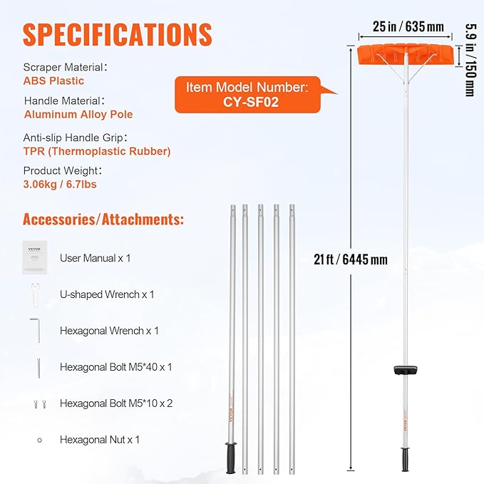 VEVOR Snow Roof Rake, 21ft Reach Aluminium Handle, 25" Plastic Blade Snow Removal Tool, Superior Roof Shovel with Anti-Slip Handle Grip, Easy to Setup & Use for House Roof, Wet Leaves, Car Snow
