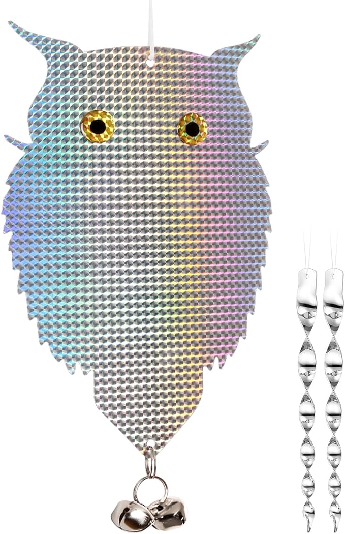 OFFO Owl Decoy with 2 Reflective Bird Scare Rods to Scare Birds Away Bird Device for Woodpecker Pigeon Plastic Hanging Outdoors Reflective Keep Birds Away Home and Garden 1 PCS