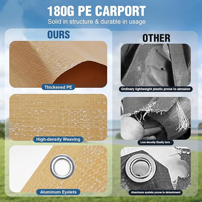 Carport Canopy Sidewalls for 10'x20'x9.35' Carport with Ball Bungee Cords, Replacement Covers Canopy Walls for Car Tent Garage(Sidewalls Only) (Khaki)