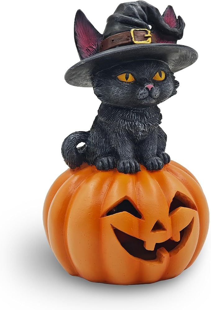 Halloween Cat Decorations in Pumpkin: 6.1'' Indoor Ornament with Witch Hat for Home Office Fireplace Party Ideal Gift for Cat Lovers (Male)