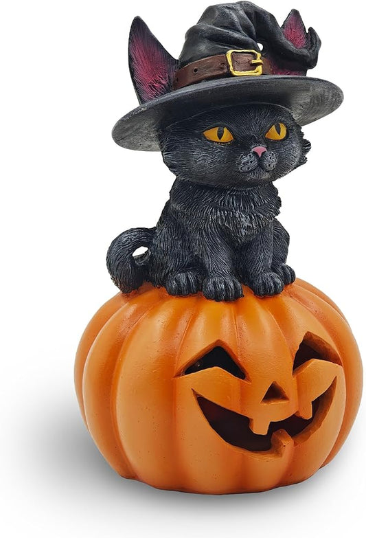 Halloween Cat Decorations in Pumpkin: 6.1'' Indoor Ornament with Witch Hat for Home Office Fireplace Party Ideal Gift for Cat Lovers (Male)
