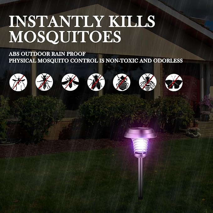 Qualirey 4 Pcs Solar Bug Zapper Waterproof Outdoor Mosquito Zapper Killer and Lighting Repellent Lamp for Indoor Outdoor Use Garden Patio, Purple and White Light(Stainless Steel,Silver)
