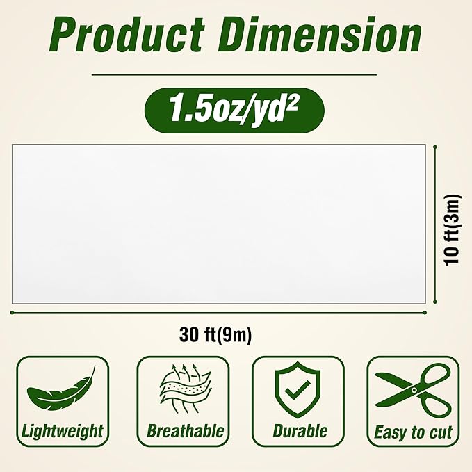 Gardzen 1.5 oz Plant Covers Freeze Protection, Reusable 10ft x 30ft Floating Row Covers, Thicker Frost Blankets for Outdoor Plants, Pests Protection, White