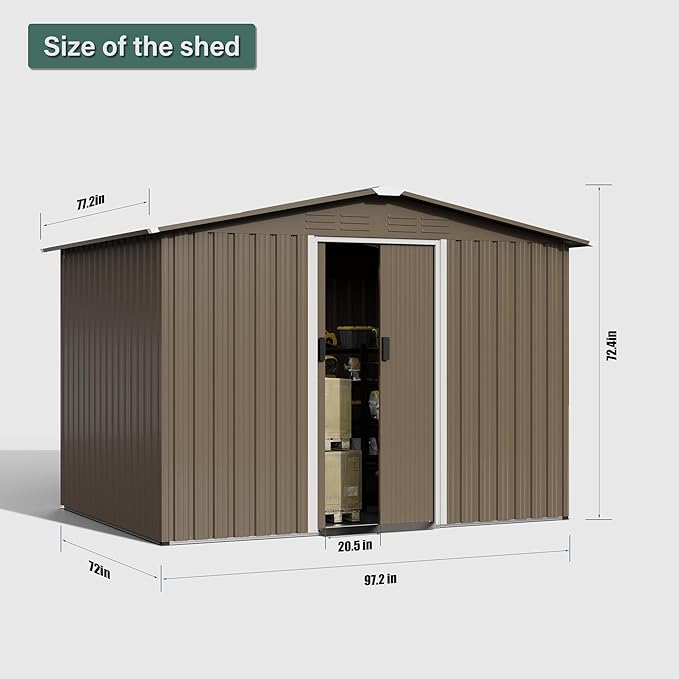 8FT x 6FT Outdoor Storage Shed, Waterproof, Lockable Door Metal Tool Shed with Sliding Door and Air Vents, Storage House for Gardening Tools, Metal Storage Shed for Garden, Backyard, Lawn