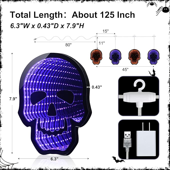 Halloween Décor 4 Skulls Infinity Lights with USB Powered, 10.42FT 3D Infinity Mirror String Skeleton Head Lights, Halloween Indoor Decorations for Window Outdoor Wall Party Room