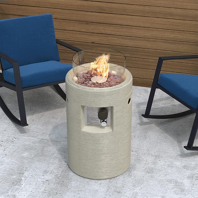 SUNBURY Outdoor Propane Fire Pit, Stone Like Fire Pit Table with Glass Wind Guard, Waterproof Cover, 40000BTUS Small Column Firepit Garden Lighting, CSA Certified (Creamy White)