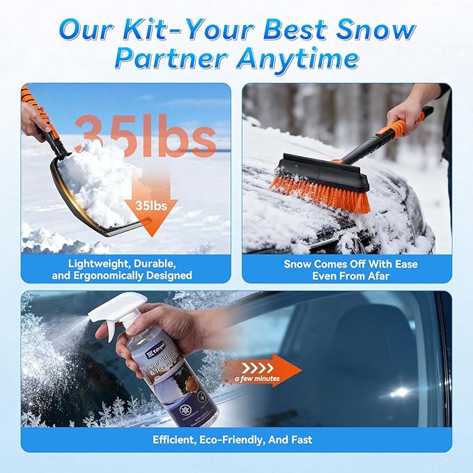 6-in-1 Car Snow Removal Kit with Deicer Spray | 40" Extendable Snow Brush & Ice Scraper, Detachable Snow Shovel, 180° Rotating Head, Foam Grip | Winter Windshield Cleaner for Cars, Trucks & SUVs