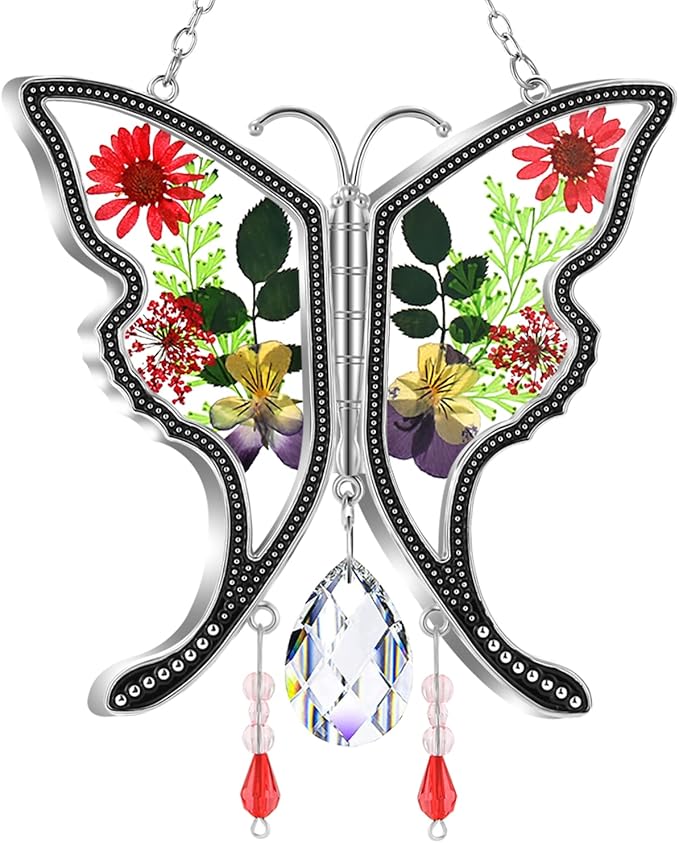 KY&BOSAM Gifts for Mom Crystal Butterfy Suncatcher Stained Glass Butterfly Suncatchers for Windows with Pressed Real Flowers Heart Charm Engraved with Crystal Mother`s Day Birthday