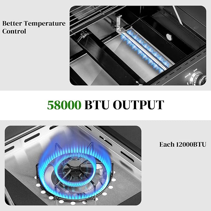 Bonnlo 4 Burner Propane Grills with Side Burner and Porcelain-Enameled Grates, 58000BTU Gas Grill with Side Shelf and Portable Rolling Wheels, Grill for Outdoor Cooking BBQ Patio Backyard