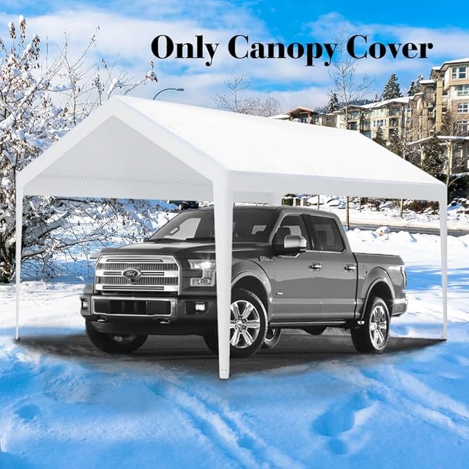 Rutile 10 x 20 FT Carport Replacement Cover, Heavy Duty Car Tarp Canopy Tent Garage Top Shelter With Fabric Leg Pole Skirts and Ball Bungees - White (Only Top Cover, Frame Not Included)
