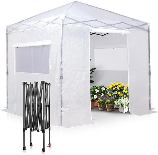 EAGLE PEAK Instant Pop-up Greenhouse, Indoor Outdoor Plant Gardening Green House, Roll-Up Zipper Doors and Side Windows, Walk in 8x8 ft, PE Cover, White/Clear