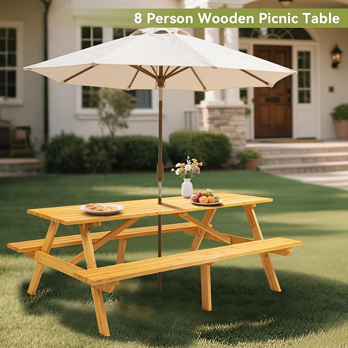 8-Person Wooden Picnic Table with 2 Built-In Benches, 75"L x 50"W Outdoor Dining Table, 2220lb Capacity Includes Umbrella Hole & Weather-Resistant Finish, Perfect for Backyard, Camping, Yellow
