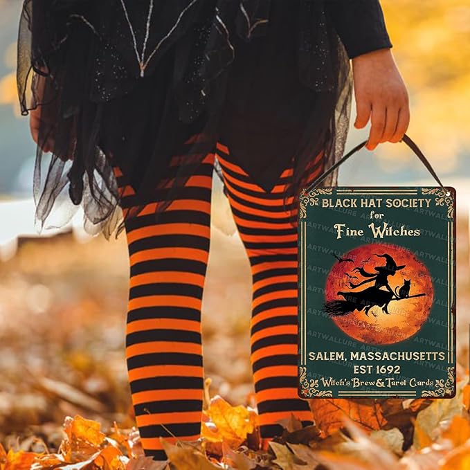 Black Hat Society for Fine Witches Vintage Retro Metal Tin Sign Rustic Wall Decor Witch Halloween Art Metal Plaque for Home Bar Cafe Farmhouse 12x16inch