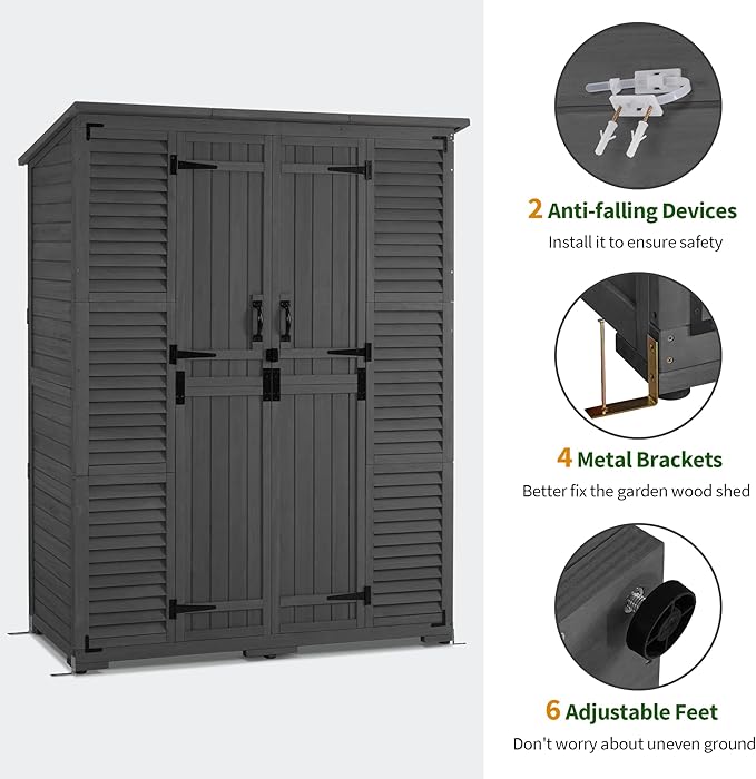 Macrout Large Outdoor Storage Cabinet with 6 Shelves (4.8 x 2.2 x 6.5 ft), Outside Storage Shed with Lock, Wooden Garden Shed for Yard Patio Lawn, 1738 (Gray)